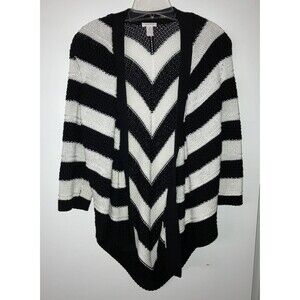 Chicos Size 2 Black White Chnky Knit Cardigan Sweater Open Front Cable